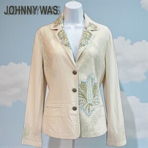 Johnny Was Size L Cream Blue Green Embroidered Jacket /Blazer NWOT